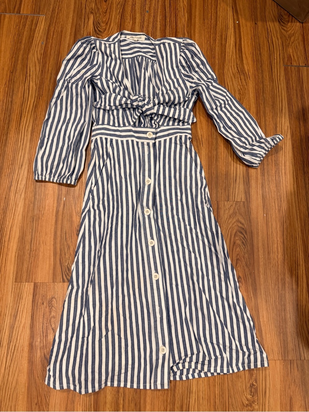Madewell Blue and White Striped Button-Front Midi Dress